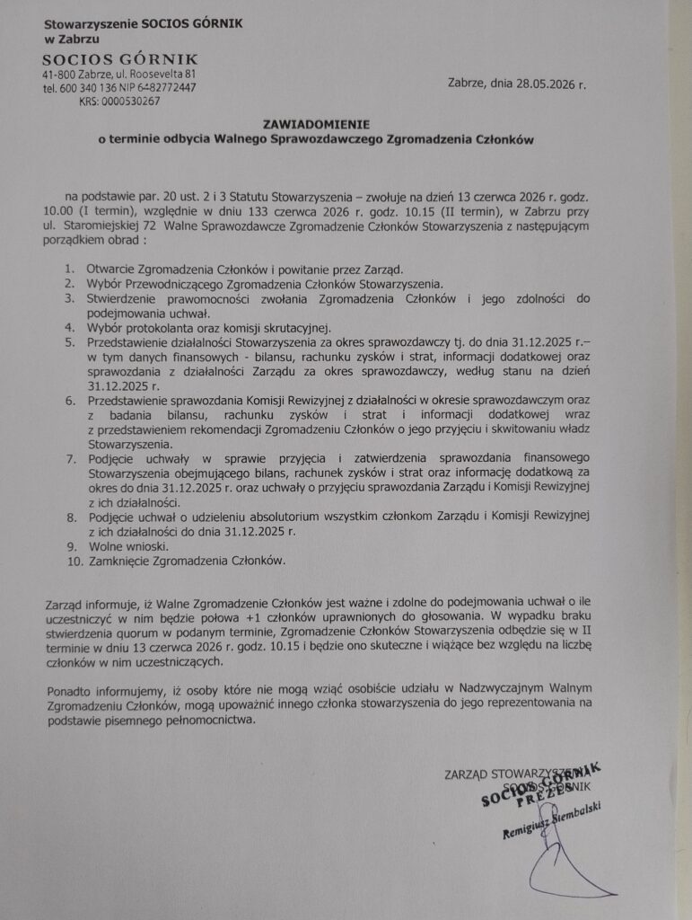 Zawiadomienie o terminie odbycia Walnego Sprawozdawczego Zgromadzenia Członków